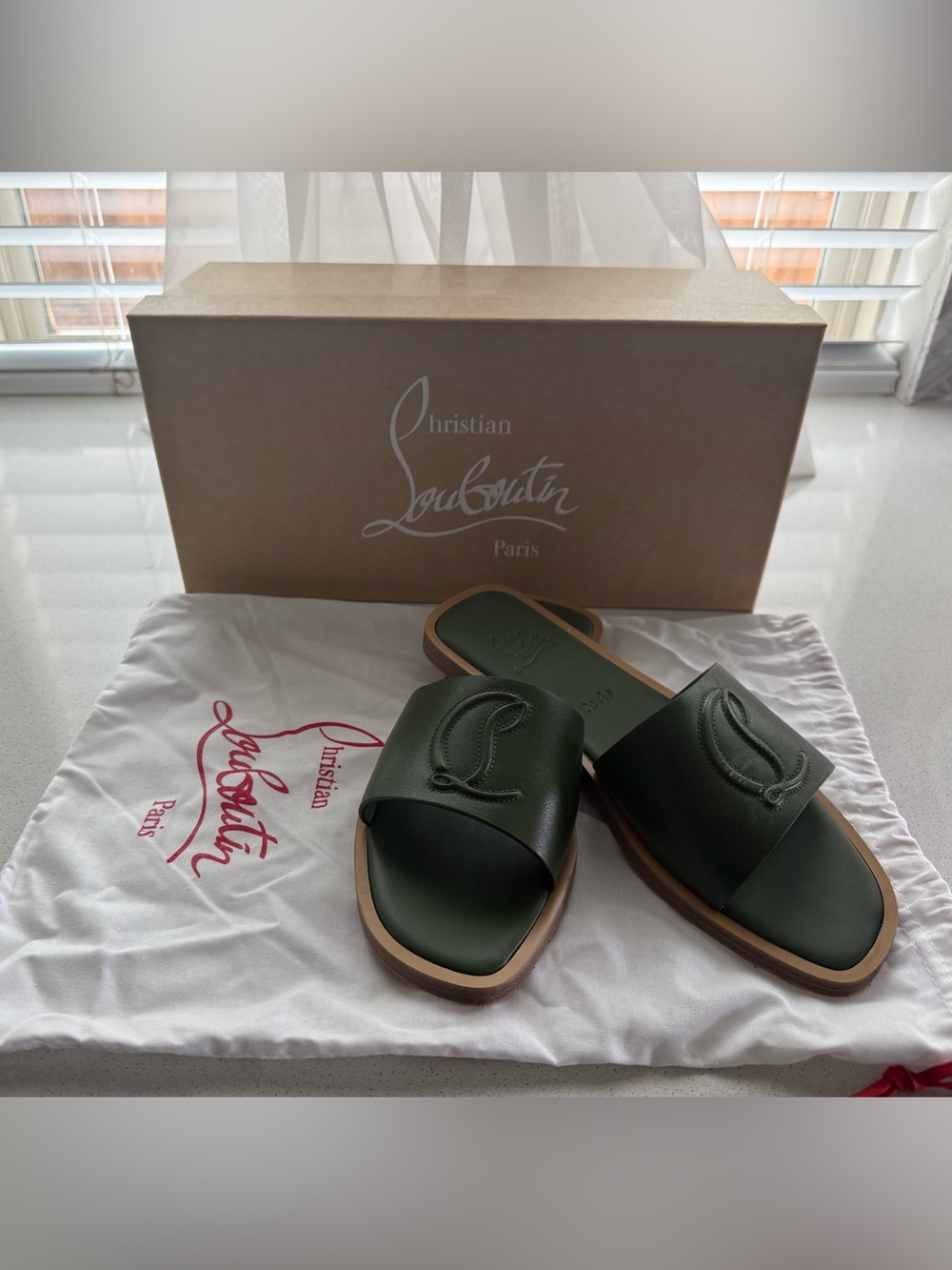 Christian Louboutin Dark Olive Green Leather Slide Sandals